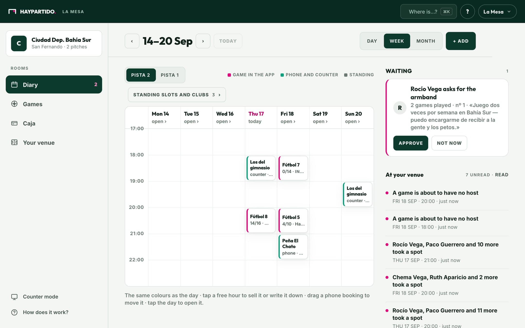 La Mesa · Diary: the week with app games, phone bookings and regulars, each in its colour