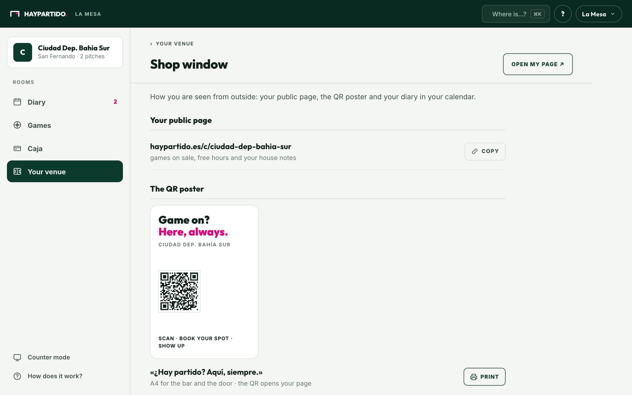 La Mesa · Storefront: your public page and the QR poster