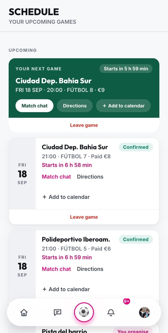 Your diary in the app: the games you have this week