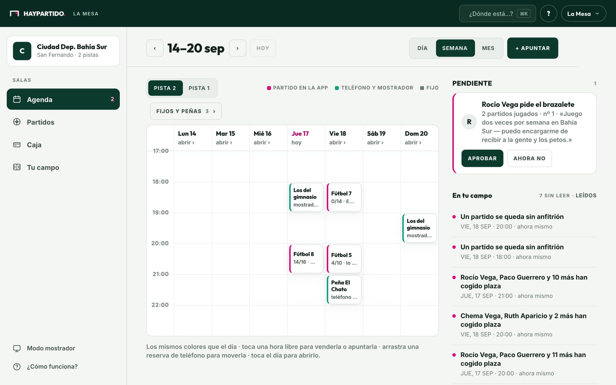 La Mesa · Agenda: la semana con partidos de la app, reservas por teléfono y fijos, cada uno de su color