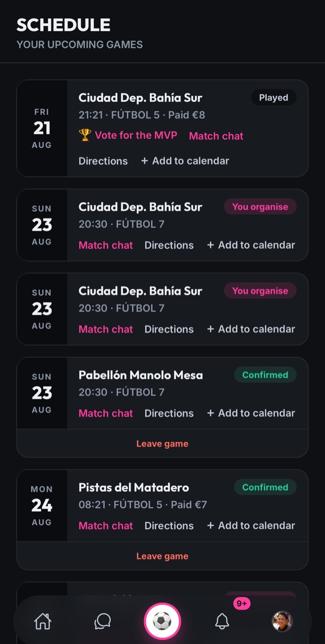 Schedule with your confirmed games