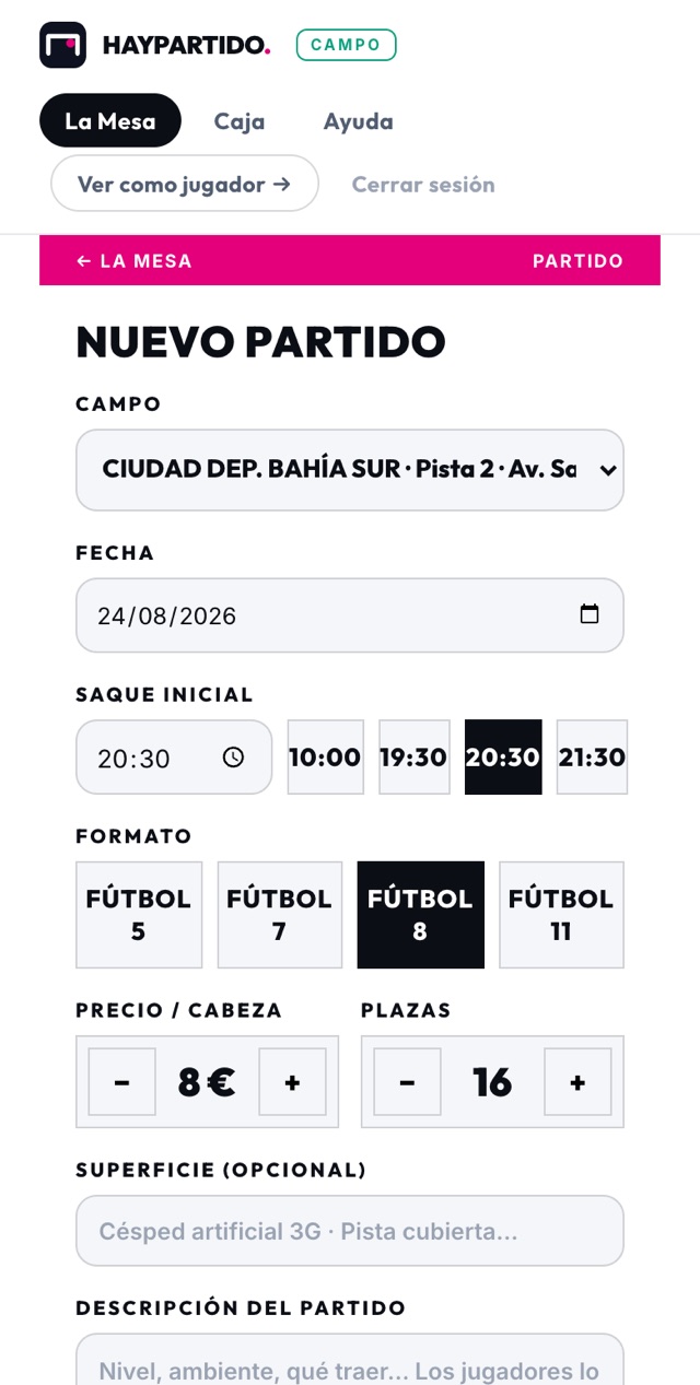 Formulario para publicar un partido en tu campo