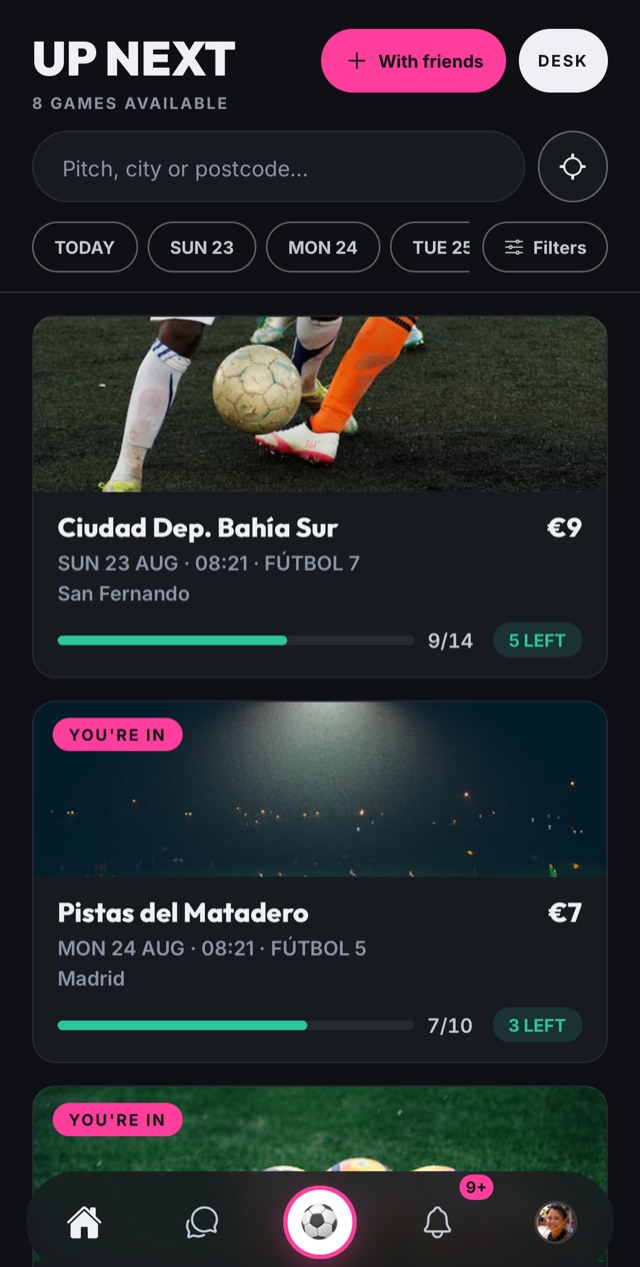 List of open games with price and spots left