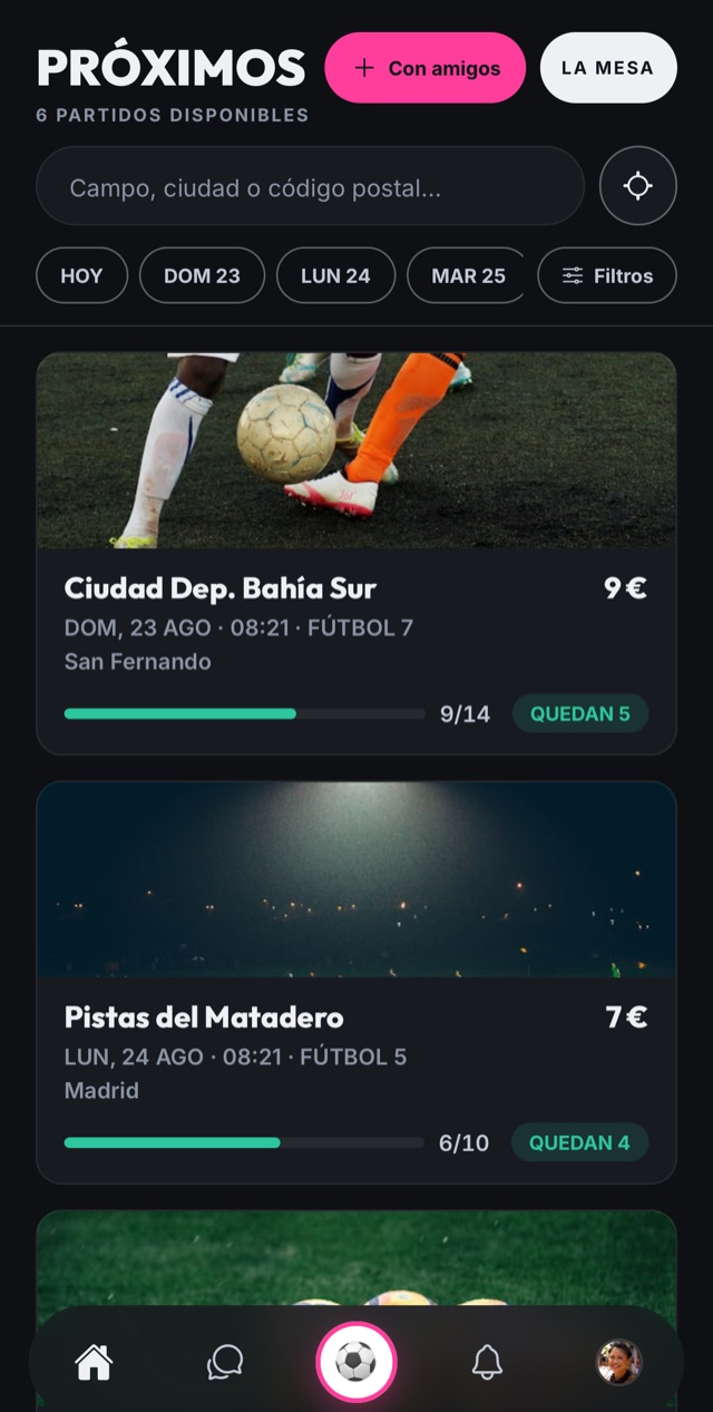 Lista de partidos abiertos con precio y plazas libres