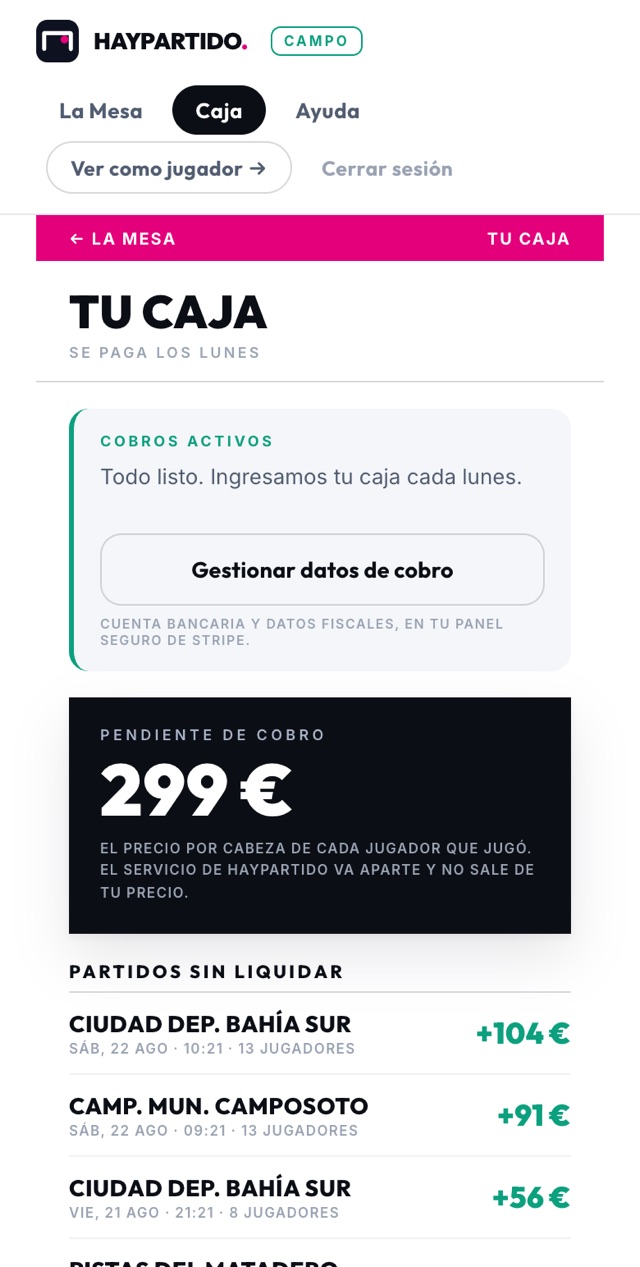 Caja del campo con el pendiente de cobro y los partidos por liquidar