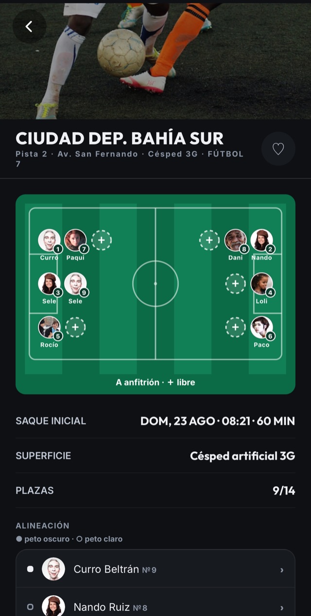 Alineación del partido sobre el campo, con caras y dorsales