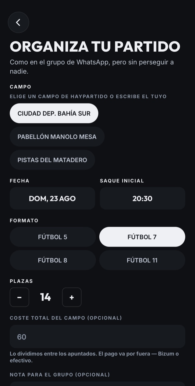 Formulario para crear un partido privado