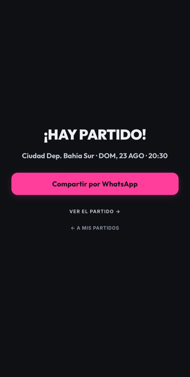 Pantalla de partido creado, lista para compartir por WhatsApp